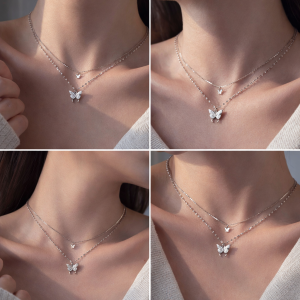 1pc double layer butter fly design necklace with rhinestone inlay, sweet & simple small fresh style fine & stylish chain, suitable for women & girls